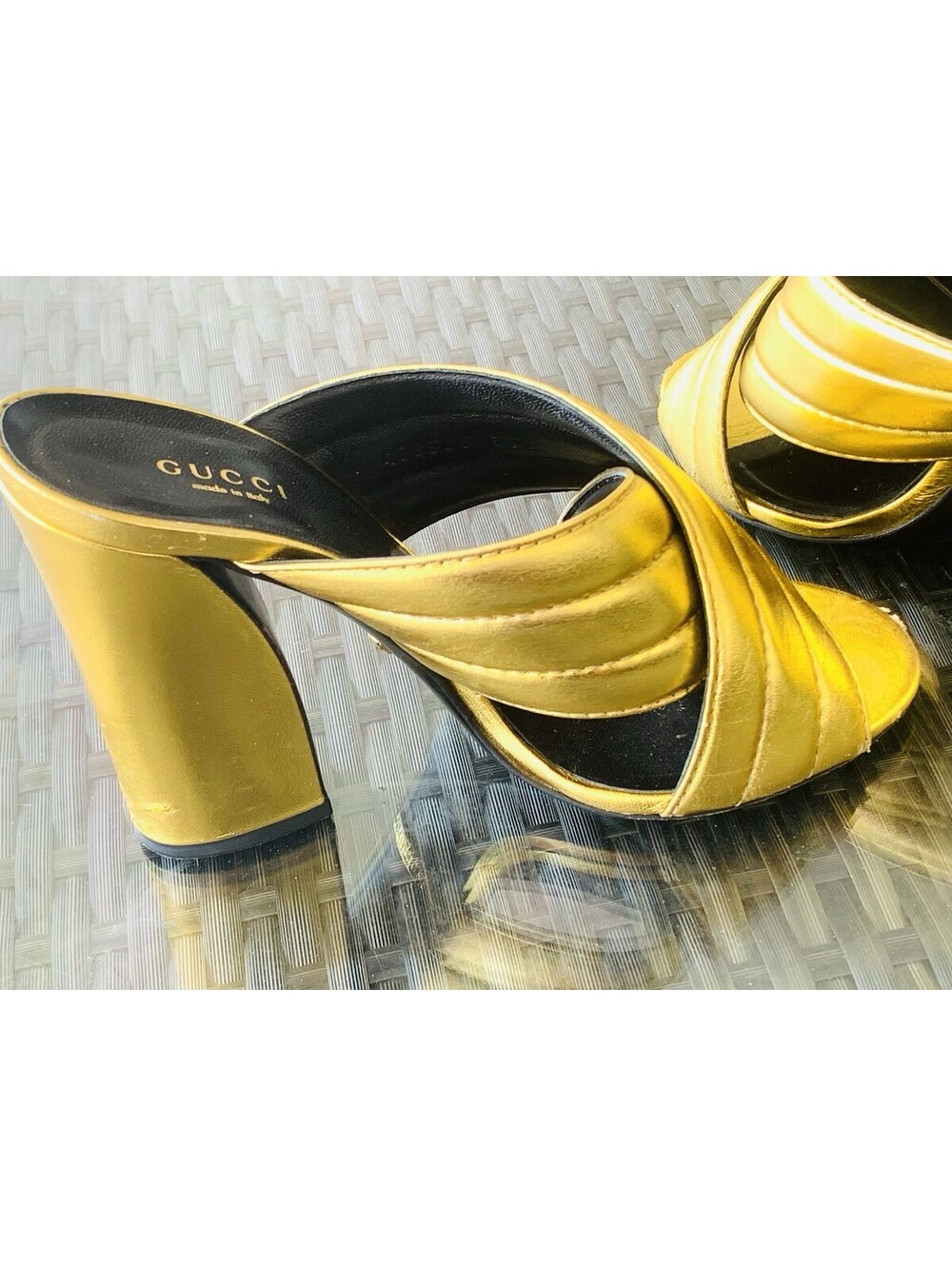Authentic Gucci Webby Gold Metallic Quilted Leather Mules Slide Sandals 38.5 - Picture 10 of 15